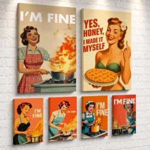 Retro Woman Cooking Framed Wall Painting Ready to Hang Canvas Poster Wall Art for Bedroom Living Room Hallway Home Decor Gift