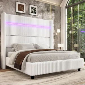 Cal King Bed Frame Faux-Fur Upholstered 60" Tall Headboard, White, Custom