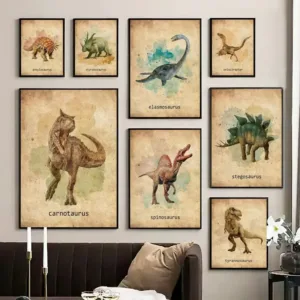 Watercolor Dinosaur TRex Velociraptor Retro Posters Canvas Wall Art Prints for Nursery Kids Room Home Decor