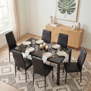 All-in-One Black 7 Piece Glass Dining Table Set, Kitchen Table and Chairs Set