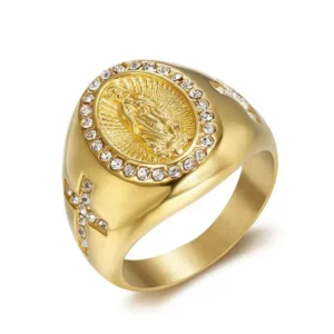 Hip Hop Iced Out Jesus Cross Ring Male Gold Color Stainless Steel Cubic Zirconia Christian Rings For Men Religious Jewelry Gift