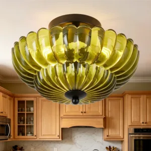 ARLGSITE 11.8" Semi Flush Mount Ceiling Light, 3-Light Green Floral Glass Ceiling Fixture, Dimmable Black Close to Ceiling Light for Bedroom, Kitchen, Living Room