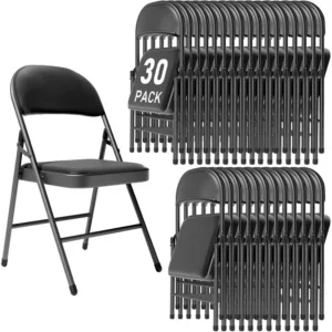 30 Pack Black Folding Chairs with Padded Cushion,Metal Frame,350lbs | Portable Stackable Commercial Seat Foldable