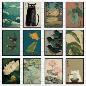 Japanese Ukiyo-e Style Canvas Wall Art Set Vintage Nature & Animal Print Aesthetic Botanical & Cat Poster for Room Home Decor