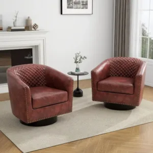 aux Leather Swivel Accent Chairs Set o 2, Upholstered Barrel Club Chair or Living Room, Round Armchair Comy Single Soa Bedroom R