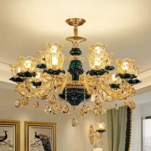 New European-Style Main Pendant Lights For Living Room Green Crystal-Laden Luxurious And Grand Dining Room Lights Bedroom Lamps