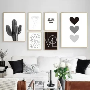 Scandinavian Minimalist Wall Art Cactus Love Hearts Black and White HD Canvas Print Poster Home Living Room Bedroom Decoration