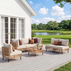 Outdoor 7 Pieces PE Wicker Patio Conversation Set, All-Weather Rattan Sectional Sofa with Thick Cushions & Coffee Table, Custom