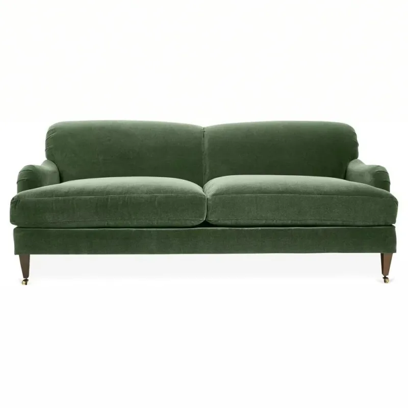 Retro dark green velvet three person sofa, light luxury small unit living room with roller solid wood armrest fabric sofa