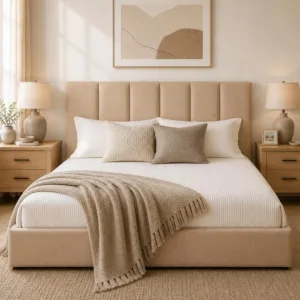 King Size Upholstered Lift-Up Storage Bed, Beige Linen-Look Fabric Bed Frame with Vertical Panel Headboard,, Customized