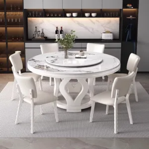 #Nordic Dining Room Furniture Solid Wood Dining Table Combination Sintered Stone Rotating Table 6-Seater Chair Set