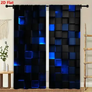 Geometric 3D Cube Design Black Blue Curtain Pair 2PCS Modern Abstract Window Drapes Luxury Living Room Bedroom Home Decor