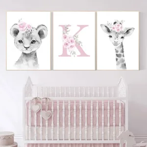 Name Initial Letter Wall Posters and Prints Animals Nursery Wall Art Canvas Paintings for Girls Kids Bedroom Decoration Pictures
