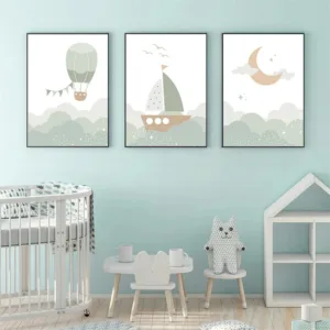 Cartoon Moon Boat Hot Air Balloon Green Posters Wall Art Canvas Painting Nursery Print Nordic Wall Pictures Kids Room Decoration