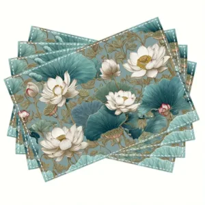 Lotus Leaf Placemats Set Of 4 Chinese Style Floral Table Mats Washable Heat Resistant Linen Blend Dining Decor For Home Kitchen