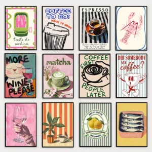 Funny Trendy Kitchen Coffee Poster Moka Pot Espresso Retro Lobster Sardine Canvas Painting Wall Art for Bar Cafe Room Home Decor