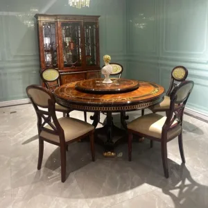 !@Luxury Classic Antique Dining Room Furniture Mahogany Solid Wood Rotating Large Round 6 Wooden Chairs Dining Table Set
