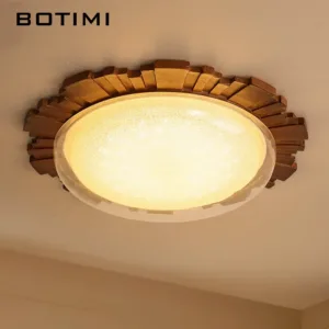 BOTIMI Round Solid Wood Ceiling Lights With Remote For Living Room Modern Surface Mounted Ceiling Light Wood Base Bedroom Lamp
