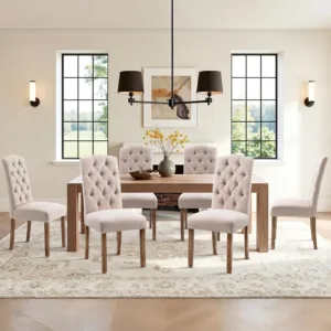 Tufted Fabric Dining Chair Set of 6, Modern Kitchen Side Chair Button Back Wood Legs, Living Room Restaurant Cafe, Customized