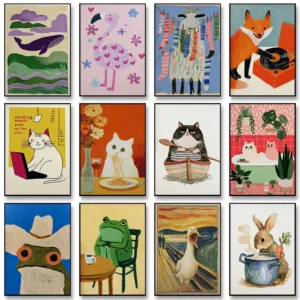 Cute Cartoon Animal Hand Drawn Cat Duck Rabbit Whale Lobster Canvas Painting Wall Art Poster Picture Home Decor Mural Cuadros
