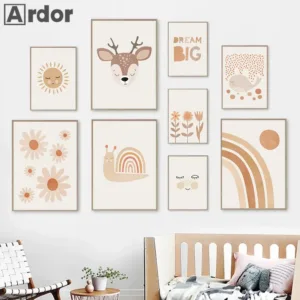 Boho Sun Rainbow Art Painting Flower Nursery Poster Deer Sika Canvas Print Child Posters Nordic Wall Pictures Kids Room Decor