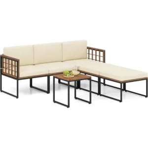 6-Piece Acacia Outdoor Sectional Sofa Set with Cushions, Coffee Table, Ottomans for Patio, Garden, Poolside, Beige