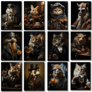 Eagle Suit Black Cat Rabbit Wolf Drink Wine Whiskey Poster Victorian Animal Canvas Painting Wall Prints Picture Home Decor