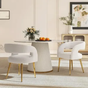 Velvet Upholstered Dining Chairs Set of 2, Plush Boucle Chairs with Gold Legs, Elegant Curved Backrest for Kitchen, Dining, Livi