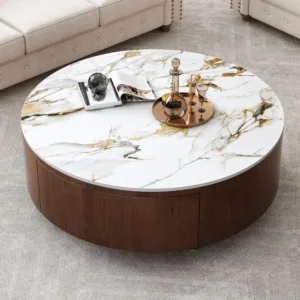 Faux Marble Coffee Table for Small Spaces - 35.4" Round Mid-Century Modern Table with 2 Drawers, Sintered Stone, Customized