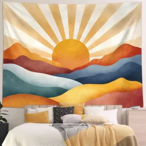 Bohemian Sunset Mountain Tapestry, Abstract Sun and Colorful Layered Hills Print Large Wall Hanging for Bedroom Living Room