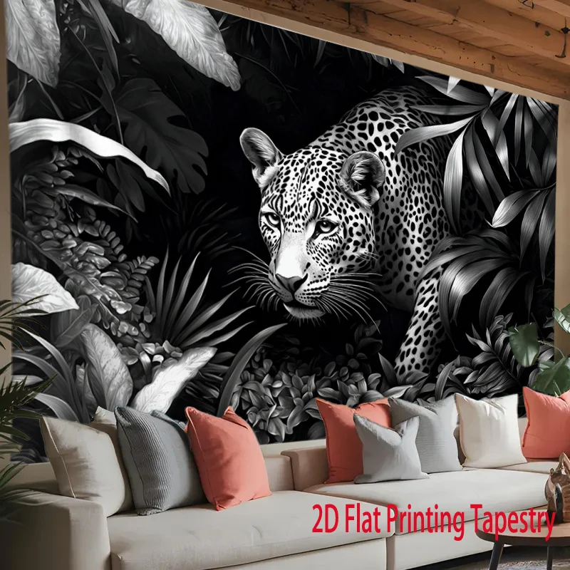 Luxury Jungle Leopard Tapestry Wall Hanging Black and White Safari Mural Art Canvas Print Tropical Wild Nature Decor for Home