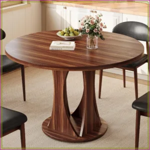 Round Dining Table for 4-6, Mid-Century Modern Kitchen Table, Walnut Finish, Space Saving