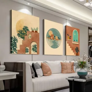 3 Set Wooden Framed Bohemian Landscape Paintings Mid-Century Modern Art Print Terracotta Green Canvas Poster Waterpro Home Decor