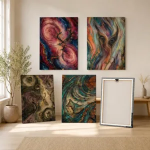 Colorful Abstract Tree Ring Framed Painting Ready to Hang Framed Canvas Art Set of 3 Poster for Living Room Bedroom Home Decor