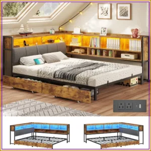Full Size Corner Bed Frame with Storage, Bookcase & Drawers, Brown