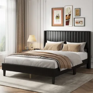 JHK Basic Upholstered Platform Bed Frame with Modern Wingback Headboard Wooden Slats 800lbs Capacity No Box Spring Needed Easy Assembly For Bedroom