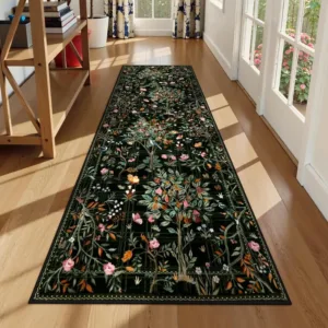 Elegant Dark Base Floral Long Runner Rug Luxury Decorative Non Slip Mat For Kitchen Corridor Living Room Home Decor Soft Floor