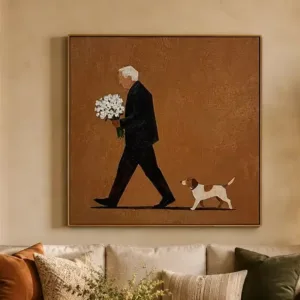 The Bouquet for Her – Warm Caramel Folk Man & Dog Portrait Painting | Vintage Square Entryway Art for Bedroom, Living Room
