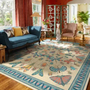 VIKAMA Carpet Luxury Retro Southeast Asian Insect Floor Mat Soft and Comfortable Flannel Machine Washable Non-slip Rugs