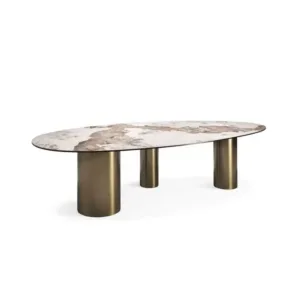 #Aesthetic Gold Curved Dinning Table Set and X6 Genuine Leather Chair Seat Beige Black American Diner Chairs