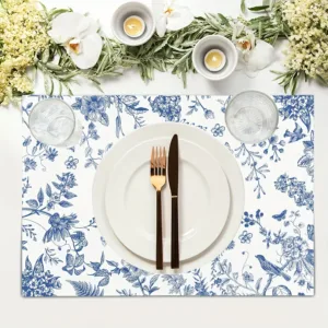 4pcs Linen Floral Placemats – Blue Hydrangea Pattern, 12x18in, Machine Washable Woven Table Mats for Home, Kitchen & Party Decor