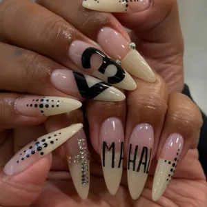 24PCS Y2k Yellow French Nail Tips Black Letter Polka Dot Print Rhinestone Long Stiletto Press on Nails Full Cover Gyaru Nail Art
