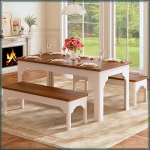 63" for 4-6, 3-Piece Wooden Dining Table Set Space Saving Dining Room, Breakfast Nook, Small Space