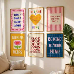 1/6pcs Pink Flower Mental Health Canvas Print Yellow Love Inspirational Quotes Wall Art Poster Suitable for Nursery Home Decor