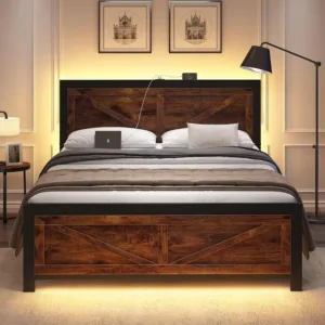 Led Bed Frame King Size with USB Charging Station, Industrial Platform Bed Frame with Farmhouse Barn Door, Customized