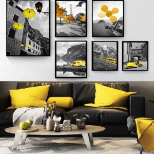 Picture For Living Room Decoration Poster And Print Black And White Landscape Nordic Canvas Painting Set Art Yellow Scenery Wall