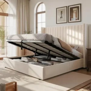 Jocisland Upholstered King Size Lift up Storage Bed Frame, Platform Bed Velvet with Channel Tufted Wingback Headboard