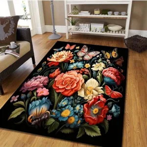 Crystal Velvet Floral Pattern Carpet, Non-Slip Floor Mat with Vibrant Flower Design, Machine Washable Polyester Rug for