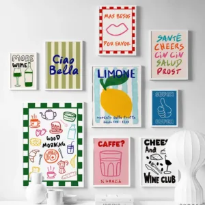 Trendy Coffee Cin Wine Cheers Retro Wine Print Posters Morning Food Print Painting Bar Cart Wall Art Decor Maximalist Room Decor