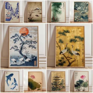 Japanese Red Sun and Pine Tree Print, Crane Poster, Vintage Ukiyo-e Wall Art, Traditional Japanese Artwork, Oriental Home Decor